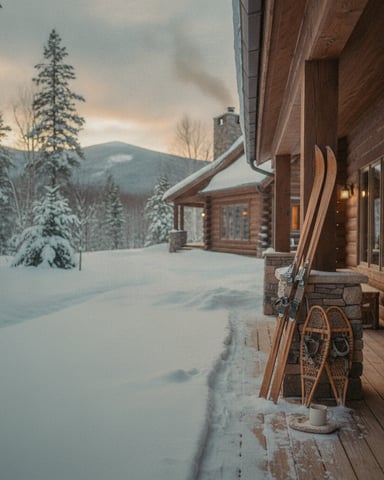 Log cabin deck with skis and snowshoes, snowy mountain landscape at dusk