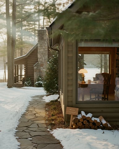Modern cabin exterior in snowy forest with stone chimney, large windows showing lit interior with bookshelf and lamp, firewood stacked nearby.