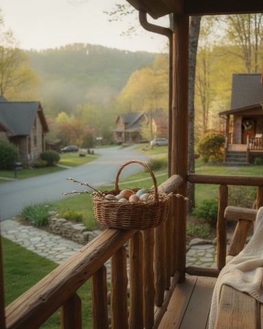 Wooden porch with wicker basket of eggs overlooking tree-lined neighborhood valley in autumn