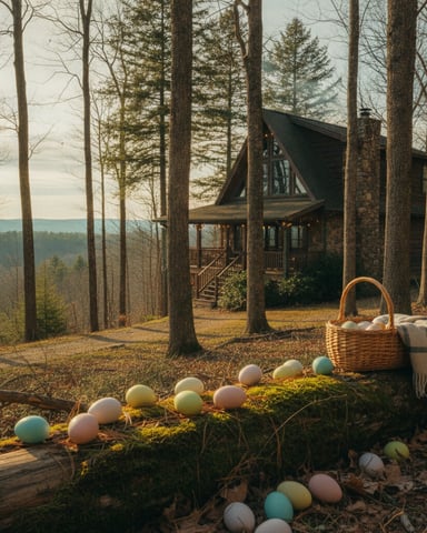 A-frame cabin nestled among tall trees with a stone chimney, wooden deck, and mountain valley view beyond. Colorful Easter eggs and a wicker basket arranged on