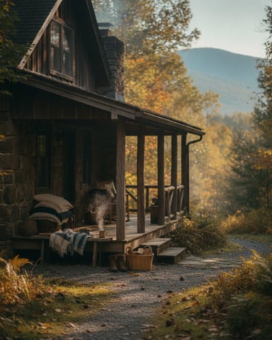 Dark wooden cabin with covered porch and mountain view surrounded by autumn foliage