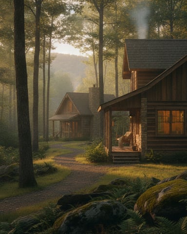 Rustic cabin with stone chimney nestled among tall trees in misty forest at dusk