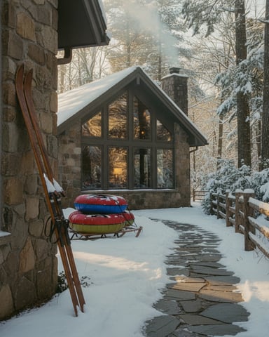Stone cottage with large windows in snowy forest setting, skis and red sleds on ground, wooden fence visible.