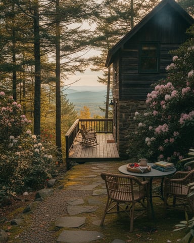 Dark wooden cabin with deck overlooking mountains, surrounded by pink flowering shrubs and tall trees, with outdoor seating area in foreground.