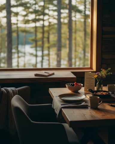 Dining table set for a meal with forest and lake view through large window