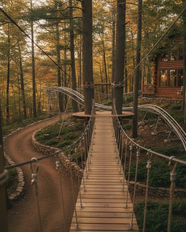 Wooden boardwalk with metal railings winding through autumn forest toward log cabin with porch