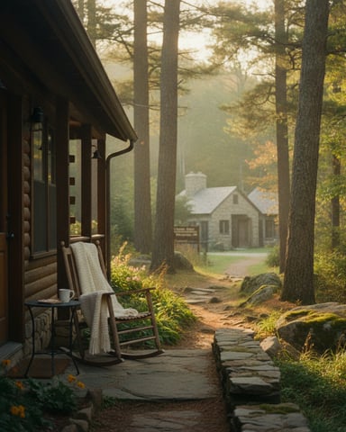 Log cabin porch with rocking chair overlooking misty forest and distant cottage