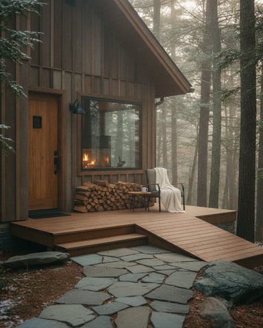 Modern cabin exterior with wooden deck, fireplace visible through large window, firewood stack, and chair with blanket surrounded by tall forest trees.
