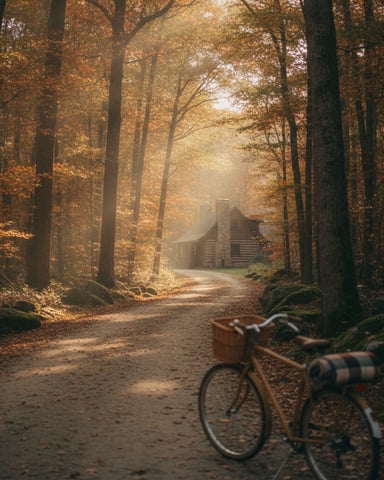 Bicycle on autumn forest path leading to log cabin in golden sunlight