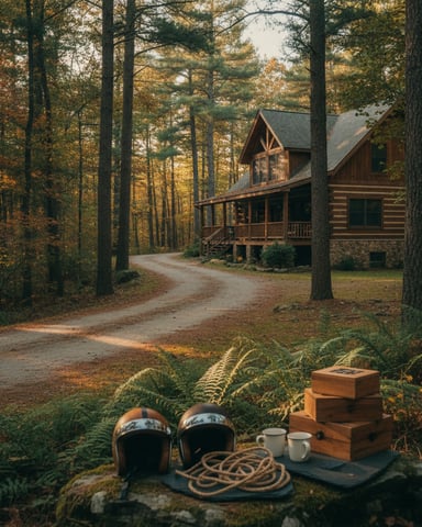 Log cabin with stone foundation nestled among tall trees in autumn forest, dirt driveway leading to front porch.
