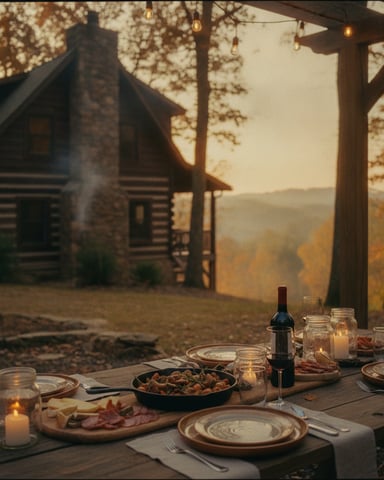Outdoor dining table with wine, food, and candles overlooking log cabin and autumn mountains at dusk