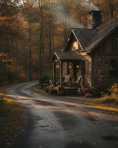 Stone cottage with front porch and chimney surrounded by autumn forest, dirt driveway approach