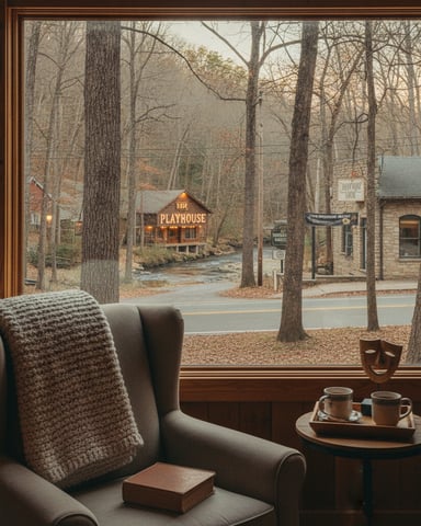 Upholstered armchair with blanket facing large window overlooking wooded village with playhouse and stream