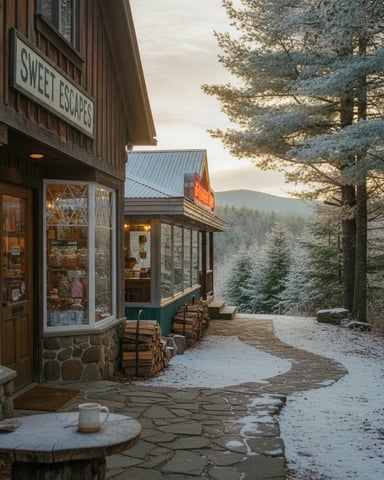 Rustic mountain lodge with Sweet Escapes shop, stone patio, and forested valley view at dusk