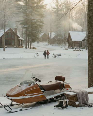 Vintage snowmobile on frozen lake with log cabins and couple walking in snowy forest background