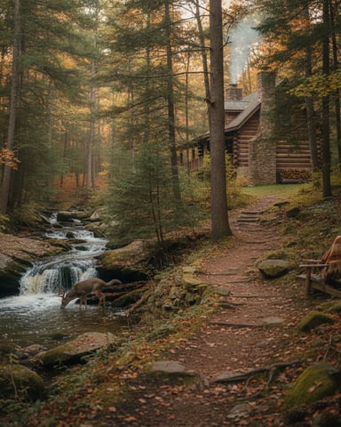 Log cabin with stone chimney nestled in autumn forest beside a small stream and wooden chair