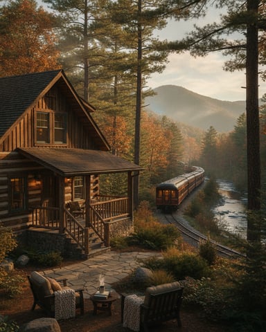 Log cabin with porch overlooking river, train, and forested mountains in autumn