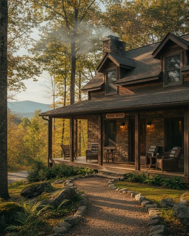 Stone cabin with covered porch and dormer windows nestled among tall trees with autumn foliage and mountain views.