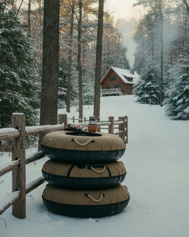 Stacked snow tubes by wooden fence with log cabin and snowy forest in background