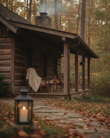 Rustic wooden cabin with covered porch, stone chimney, and fall forest backdrop at dusk