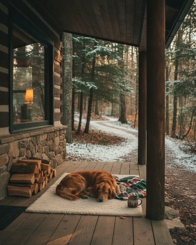 Brown dog resting on a rug outside a cabin porch with firewood and mug, snowy forest path visible beyond