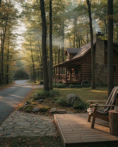 Rustic log cabin with stone chimney nestled in autumn forest, wooden deck with chair in foreground and driveway leading away through tall trees.