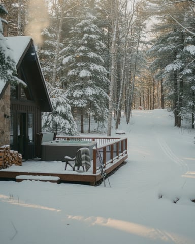 Snowy cabin with hot tub on deck surrounded by snow-covered evergreen and birch trees