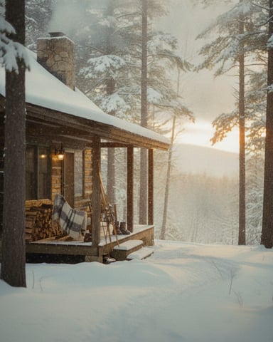 Snowy cabin with stone chimney nestled among tall pine trees in winter forest