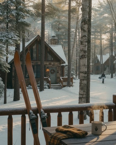 Wooden cabin in snowy forest with skis leaning on deck railing, person sledding in distance