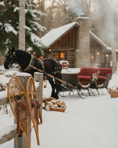 Snowy forest clearing with horse-drawn sleigh, wooden cabins, snowshoes on fence rail, and baskets in foreground.