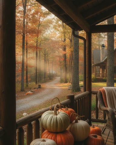 Covered porch with pumpkins and wicker chair overlooking autumn forest path and cabin