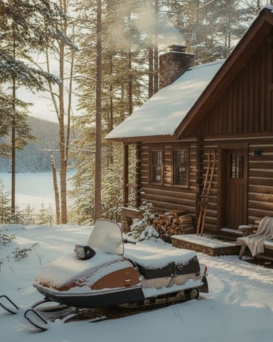Snowy log cabin with stone chimney overlooking a frozen lake, surrounded by pine trees and a snowmobile in foreground.