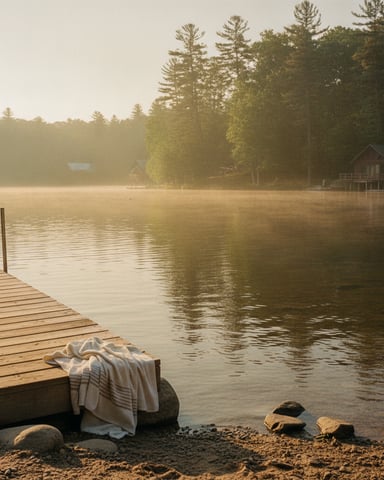 Wooden dock with towel on calm lake at sunrise, surrounded by pine forest and distant boathouse