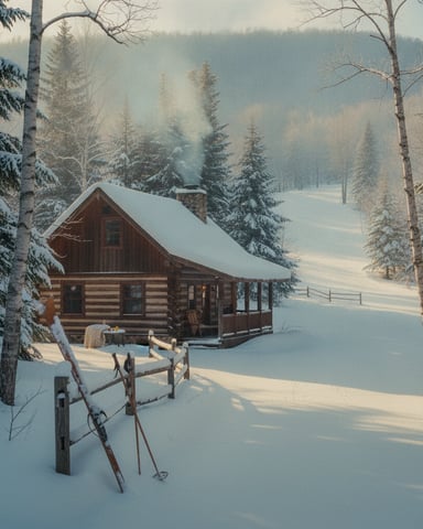 Rustic log cabin in snowy forest clearing with chimney smoke, wooden fence, and skis in foreground.