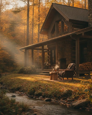 Rustic cabin with stone chimney and covered porch overlooking autumn forest and stream, chair by fire pit.