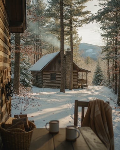 Log cabin in snowy forest with mountain view, seen from another cabin's porch with mugs and blanket