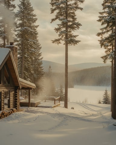 Log cabin with deck in snowy forest overlooking frozen lake and mountains