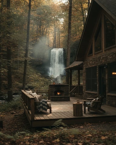 Stone cabin with wooden deck overlooking waterfall in autumn forest, fireplace with smoke visible