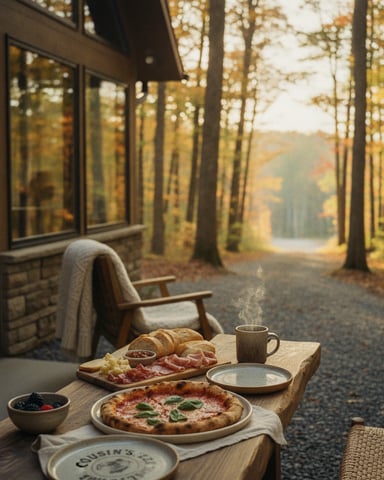 Outdoor dining table with pizza, charcuterie, and coffee overlooking autumn forest and distant hills