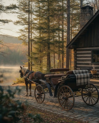 Horse-drawn carriage with plaid blanket parked outside log cabin overlooking misty forest lake at autumn sunrise