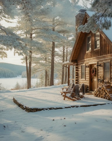 Wooden log cabin with snow-covered porch and Adirondack chairs, surrounded by pine trees and overlooking a frozen lake.