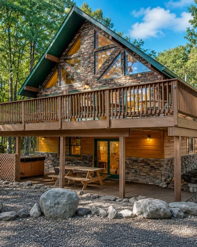 Modern A-frame cabin with stone and wood exterior, wraparound deck, and large windows surrounded by tall trees.