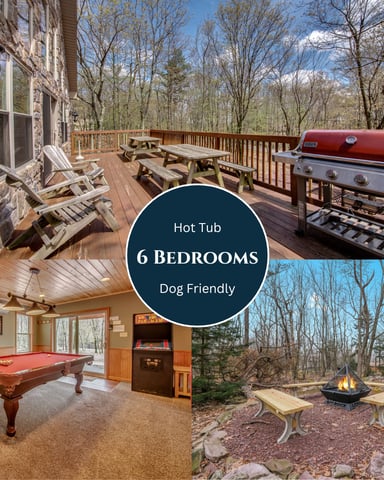 Collage showing wooden deck with grill and seating, game room with pool table, and fire pit area surrounded by bare trees