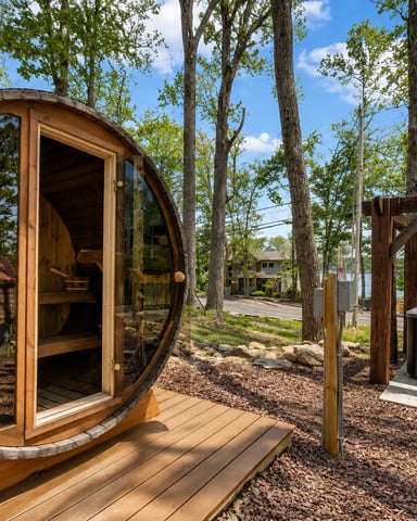 Wooden barrel sauna with glass door and deck, hot tub under pergola, surrounded by tall trees