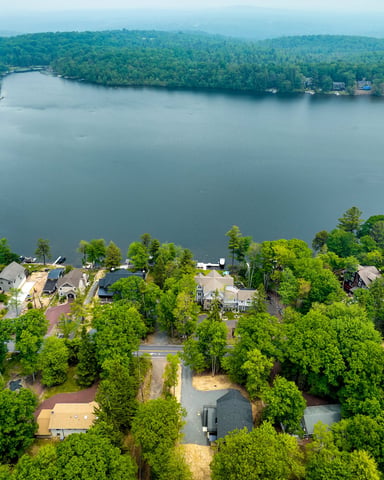 Aerial view of lakefront homes nestled among dense green trees with calm water and forested shoreline beyond