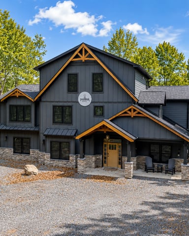 Modern dark gray house with golden timber accents surrounded by tall trees and gravel driveway
