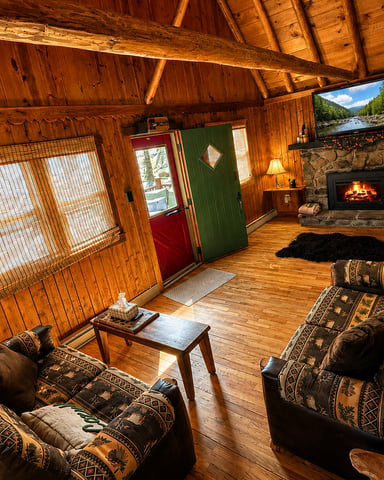 Rustic wooden cabin interior with stone fireplace, leather seating, and mountain river view on TV