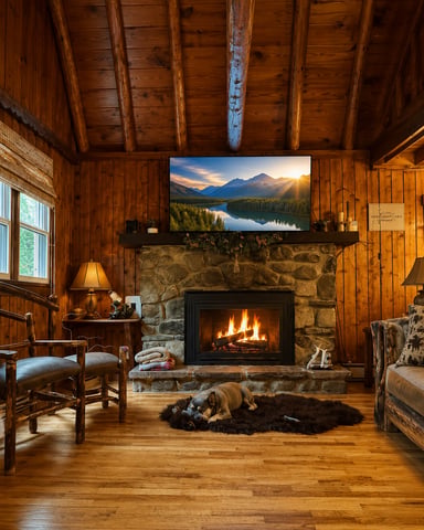 Rustic log cabin living room with stone fireplace, burning fire, wooden beams, and dog resting on fur rug