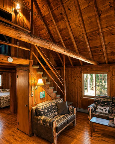 Rustic wood cabin interior with vaulted ceiling, exposed beams, two upholstered chairs, staircase, and bedroom visible through doorway.
