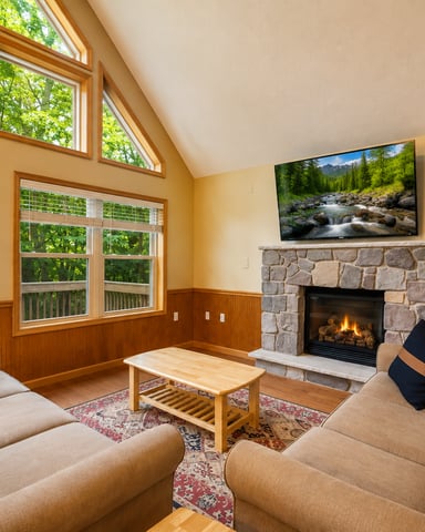Bright living room with two beige sofas, stone fireplace, TV, wood paneling, and large windows overlooking green trees.